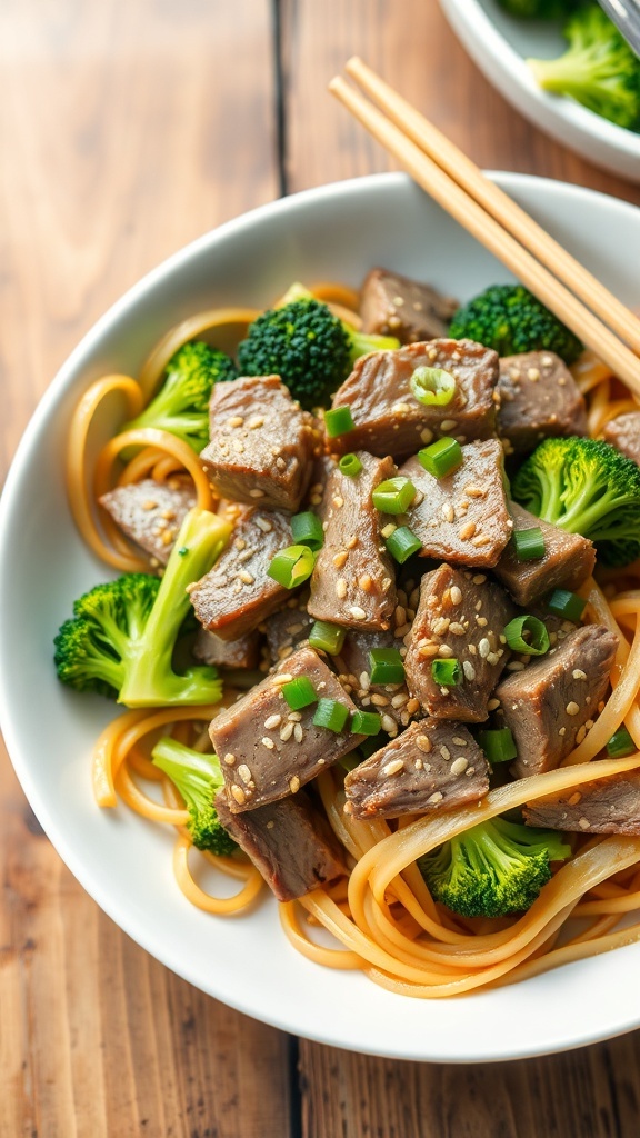 A colorful dish of beef and broccoli noodles with sesame seeds and green onions, served in a bowl with chopsticks.